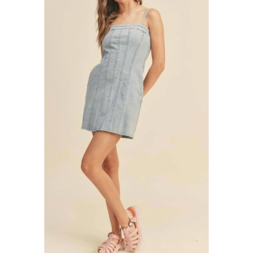 Miou Muse‎ Womens L Denim Tube Dress Blue Jean Stretch - Strapless Option